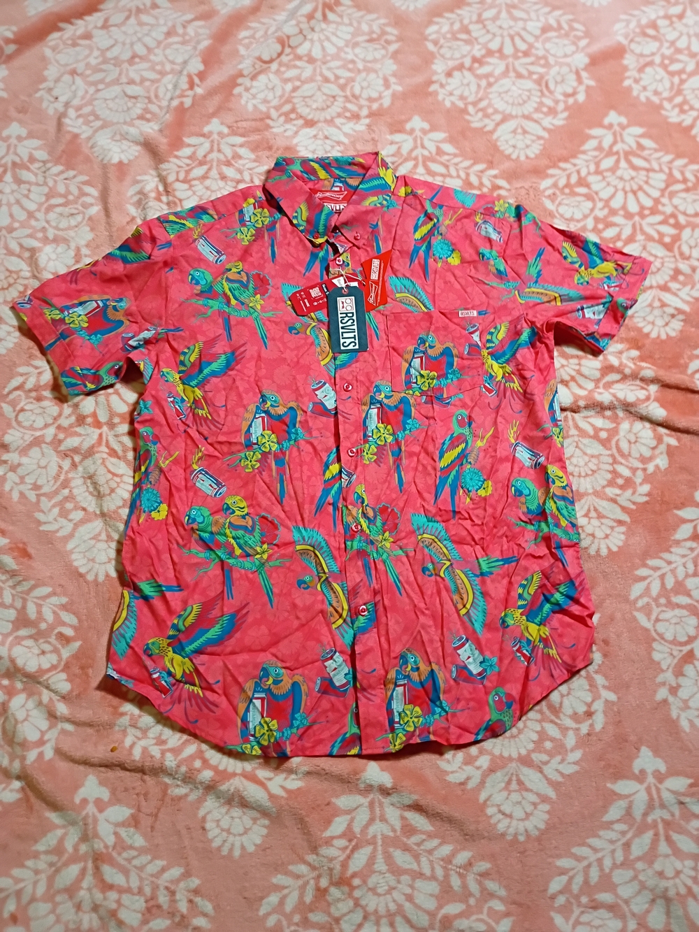 RSVLTS Shirt Mens Size XL Polly Wanna Crack A Beer Short Sleeve Button-Down